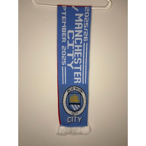 ARSENAL MANCHESTER CITY Scarf September 21, 2025 Game Red Blue Knit Fringe - Picture 2 of 3